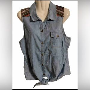 Aztec embroidered XL Dolled Up by Fang women’s sleeveless tie front denim top